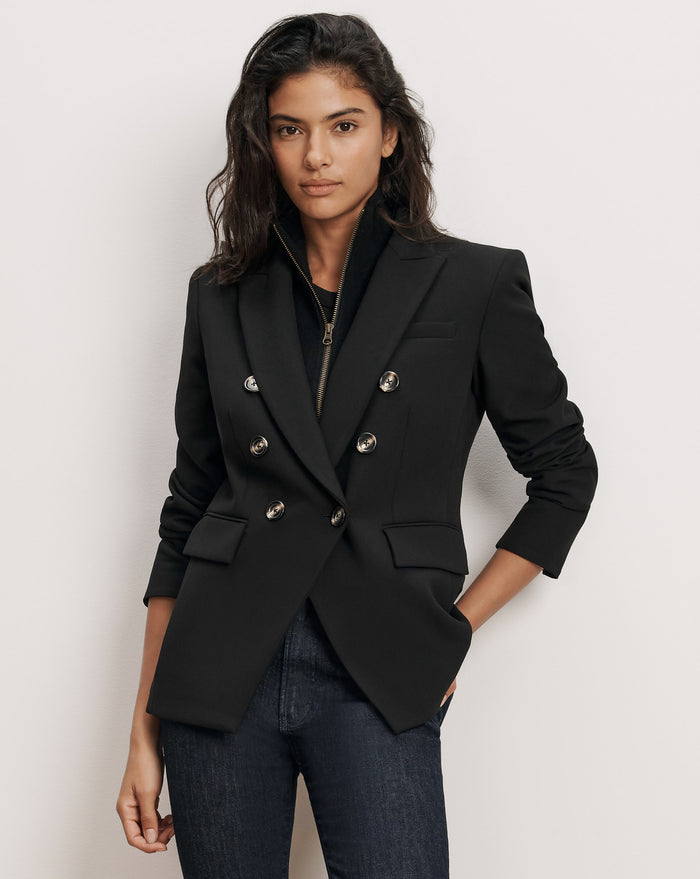 Veronica Beard Black double-breasted blazer with silver buttons.