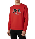 Red sweatshirt with 'USA' and flag design on a plain background