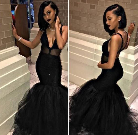 V Neck Black Mermaid/Trumpt Prom Dresses for Women