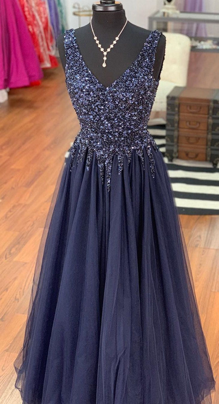 V Neck Chiffon Long Prom Dresses with Beaded