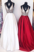 V Neck Long Prom Dresses with Beaded for Women