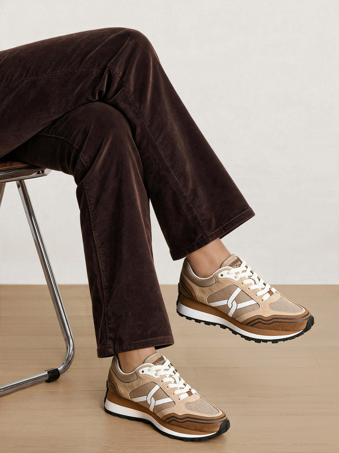 Veronica Beard Beige suede and mesh running sneakers.