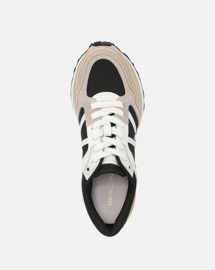 Veronica Beard Black and beige multi-material athletic sneakers.