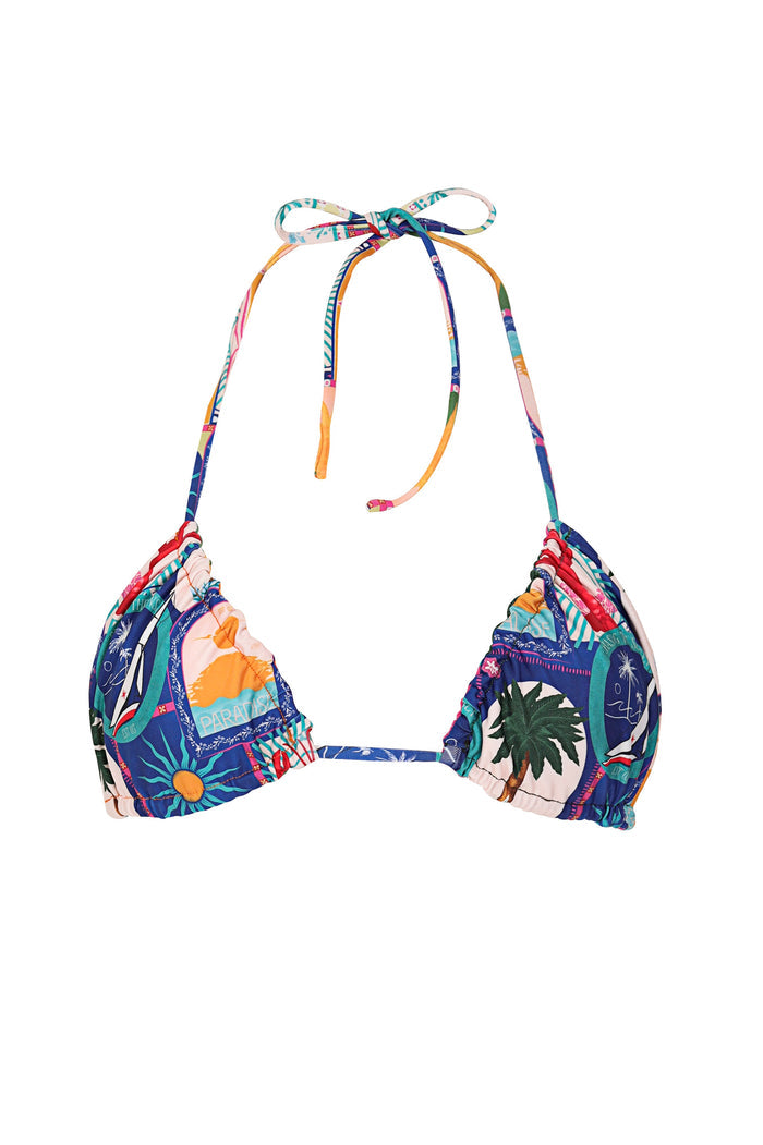 Triangle bikini top with multicolor tropical print featuring palm leaves, abstract florals, and geometric patterns on navy base with adjustable halte…