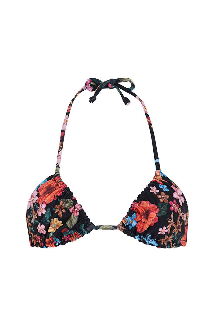 Valle triangle bikini top with scalloped edges, black base fabric with vibrant pattern detail print in coral, pink, blue, and orange tones, adjustabl…
