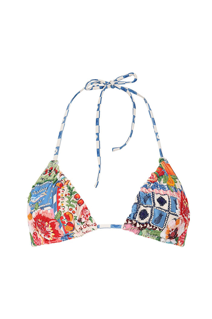 Triangle bikini top with multicolor pattern detail embroidery, checkerboard patch detail, and blue-white striped halter ties