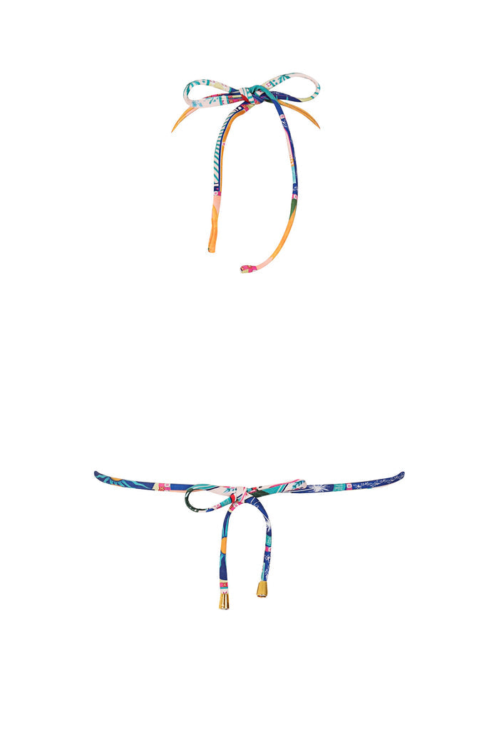 Valle triangle bikini top with adjustable ties and metallic ends, featuring multicolor geometric print with blue, orange, pink, and teal accents, sho…