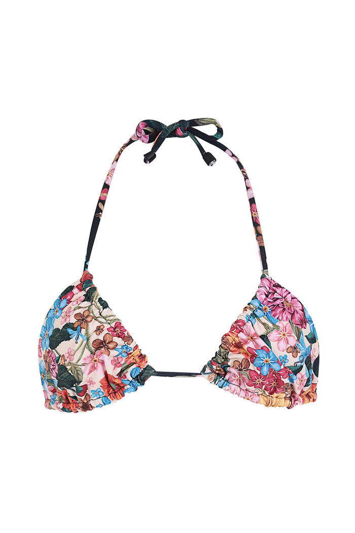 Valle triangle bikini top with halter ties and multicolor pattern detail print featuring pink, blue, brown, and green blooms with ruched trim