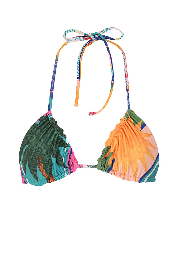Triangle bikini top with halter tie in multicolor tropical palm print, one cup in green tones and the other in orange and pink tones