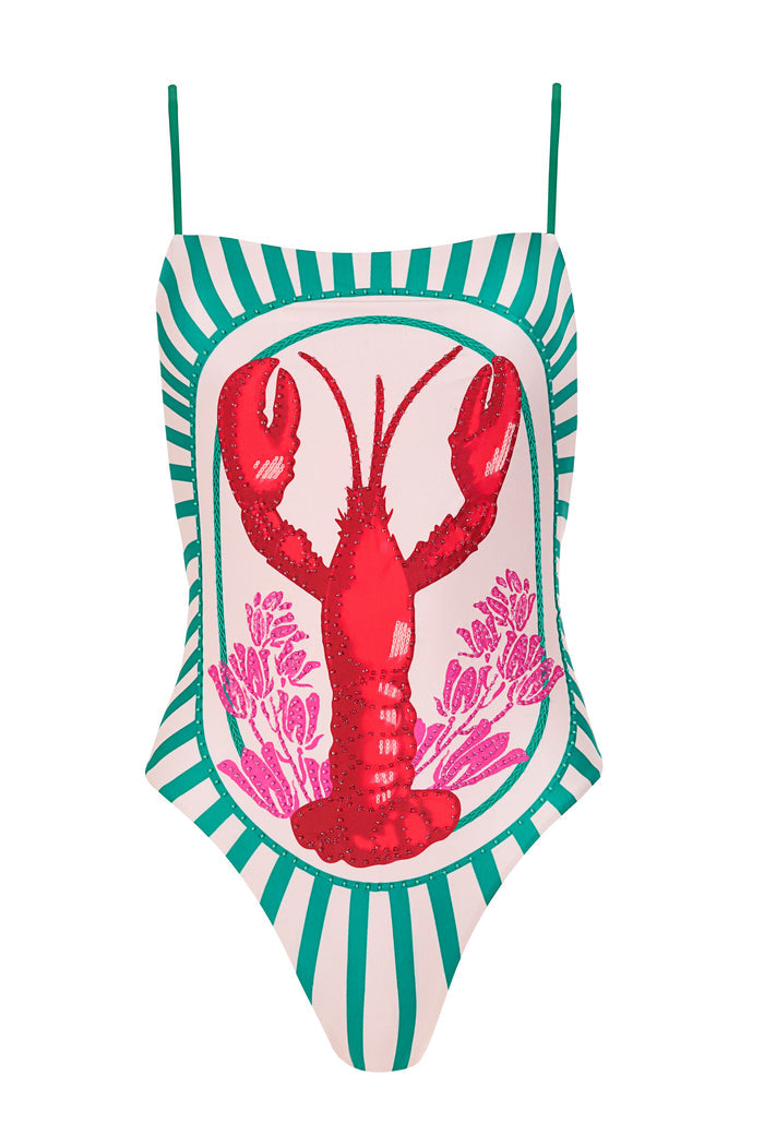 Valmy one-piece swimsuit with teal and white striped pattern framing a central red lobster and pink coral embroidery on pale pink background