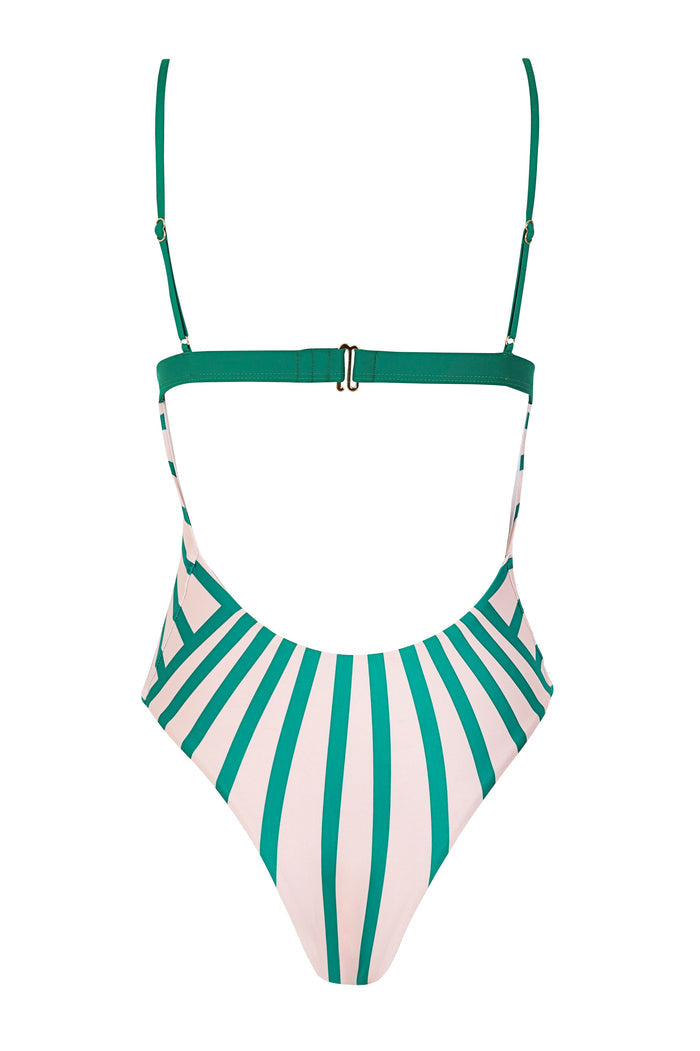 Valmy one-piece swimsuit with green and pink radiating stripe pattern, adjustable straps, and open back cutout