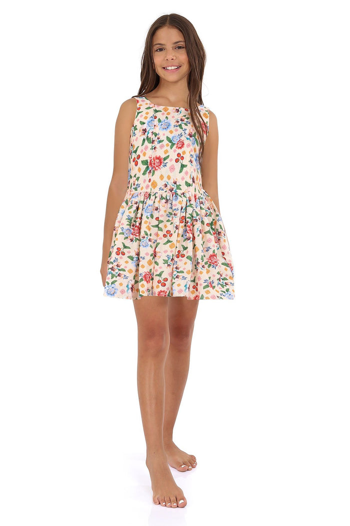 Sleeveless dress with gathered skirt in cream with multicolor pattern detail and cherry print
