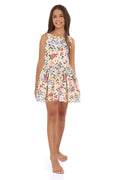 Sleeveless dress with gathered skirt in cream with multicolor pattern detail and cherry print