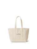 Veronica Beard Off-white canvas tote bag with red script.