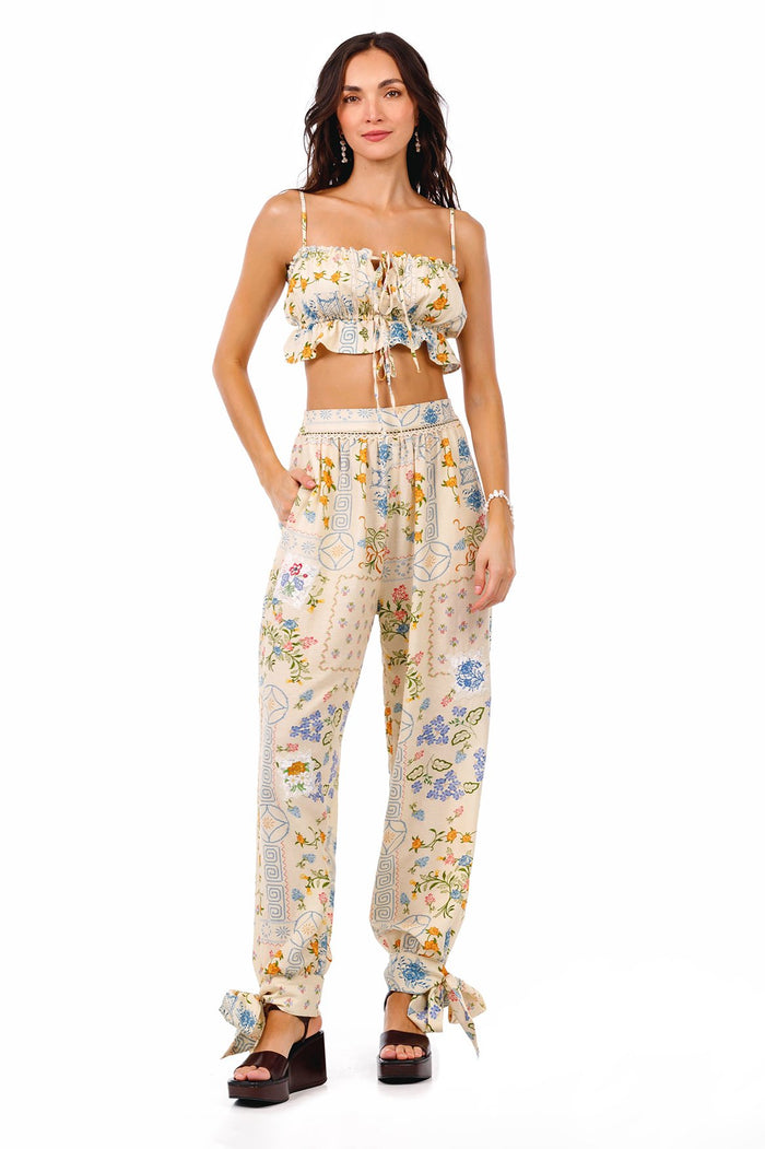 Vichy crop top with adjustable lace front and matching wide-leg pants in cream with multicolor pattern detail embroidery and geometric trim details