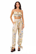 Vichy crop top with adjustable lace front and matching wide-leg pants in cream with multicolor pattern detail embroidery and geometric trim details