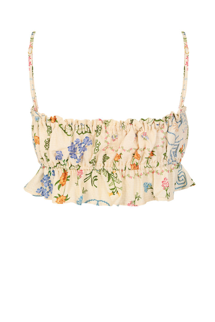 Vichy crop top in cream with multicolor pattern detail embroidery, ruched bodice, and ruffled hem