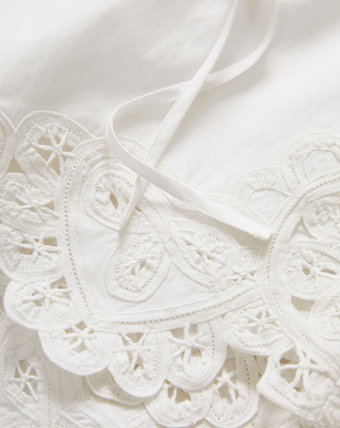 Veronica Beard White cotton poplin top with intricate scalloped eyelet embroidery and delicate tie straps.