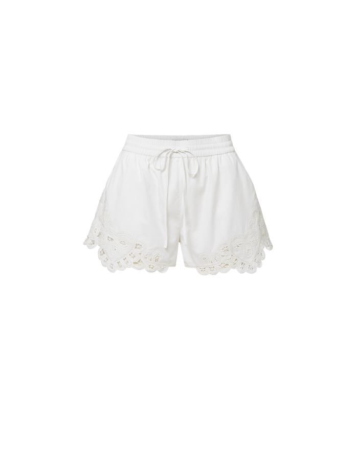 Veronica Beard White cotton shorts with a drawstring waist and scalloped lace trim.