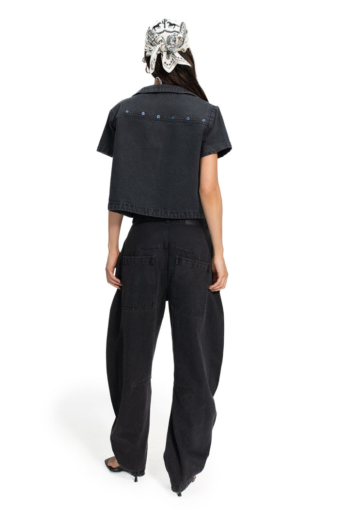 Vittoria Shirt in black denim with rhinestone and silver-tone studded embellishments across the back yoke, cropped silhouette, back view