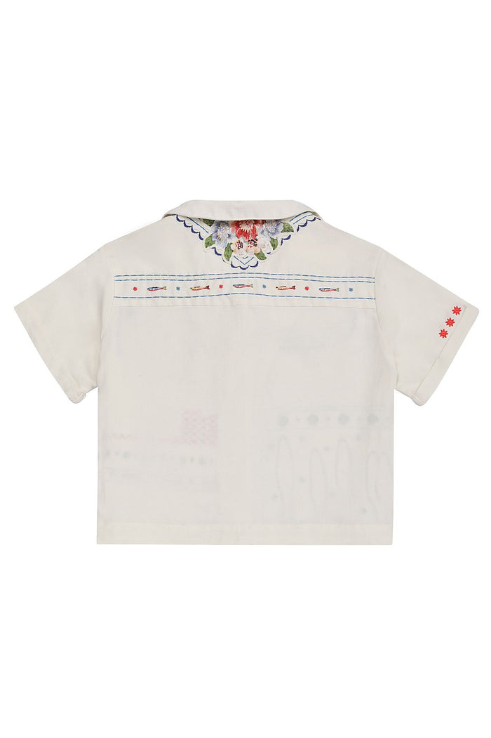 Vittoria Shirt in cream with embroidered pattern detail collar detail, pattern detail and pattern detail embroidery across back yoke, and red star ac…