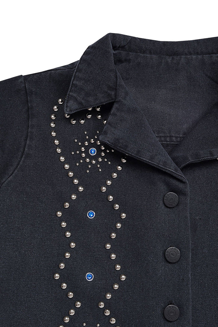 Black denim cropped shirt with collared neckline, silver rhinestone and stud embellishments forming vertical lines along placket, front button closure