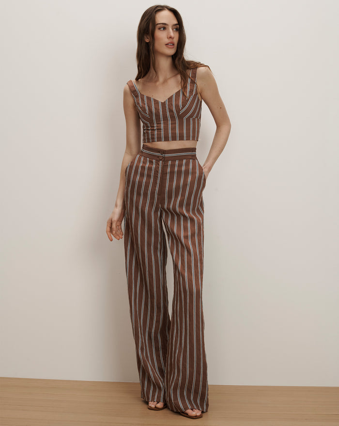 Veronica Beard Brown and white striped linen crop top and matching wide-leg pants.