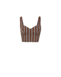Veronica Beard Brown and white striped linen crop top with a sweetheart neckline and matching brown linen shorts.