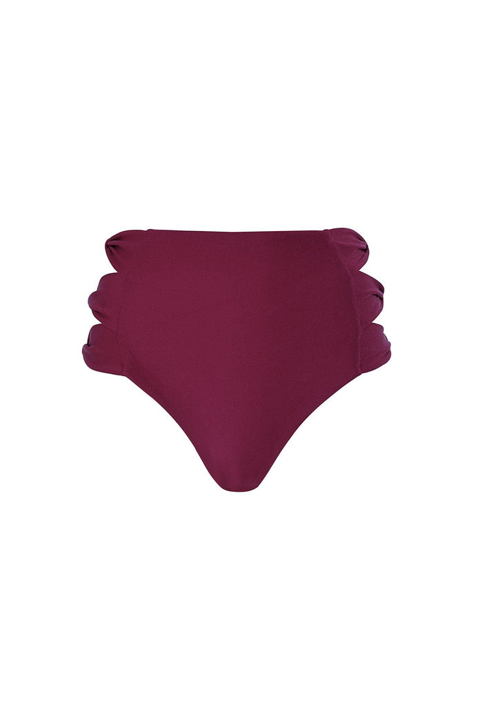Willa high-waisted bikini bottom in burgundy with ruched side details