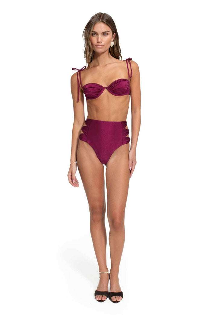 Willa high-waisted bikini bottom in berry with scalloped cut-out side details and shimmery finish