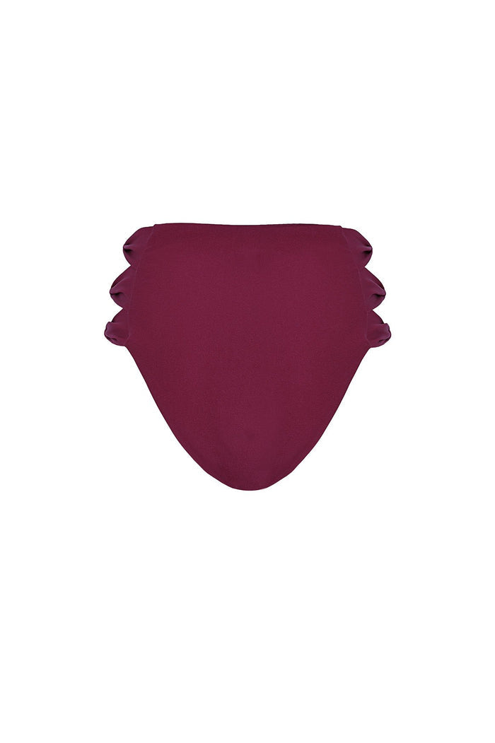 Willa high-waisted bikini bottom in burgundy with scalloped waistband detailing