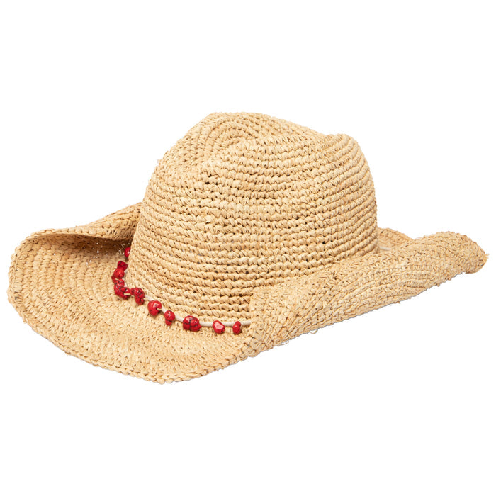 Women's Crocheted Raffia Cowboy Hat with Stone Trim