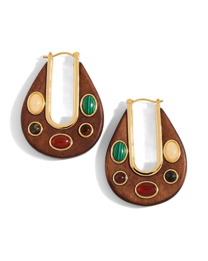 Veronica Beard Wood Embellished Drop Hoop Brown Multi