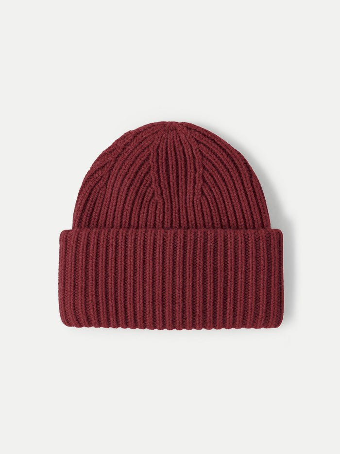 Veronica Beard Burgundy ribbed knit beanie with cuffed brim.
