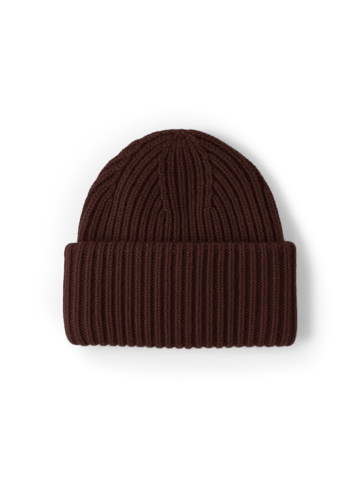 Veronica Beard Brown ribbed knit beanie with cuffed brim.