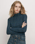 Veronica Beard Dark teal plaid mock neck top.