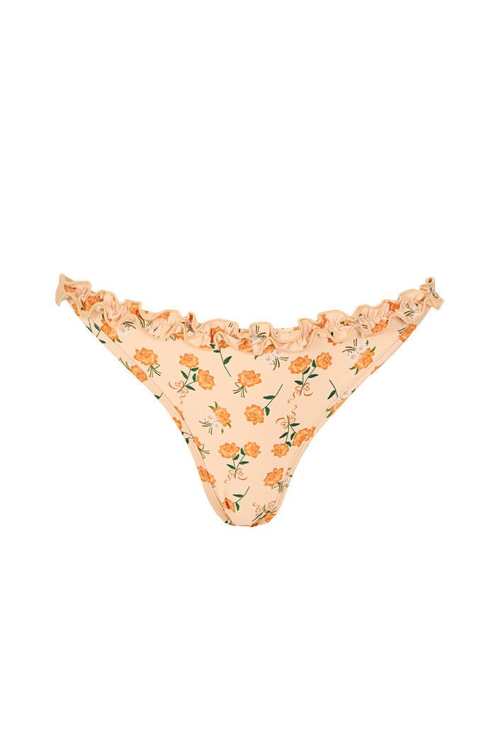 Yeimy bikini bottom in peach with orange pattern detail print and ruffled waistband