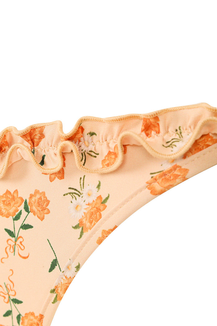 Yeimy bikini bottom in peach with orange and white pattern detail print and handmade crochet ruched trim detail
