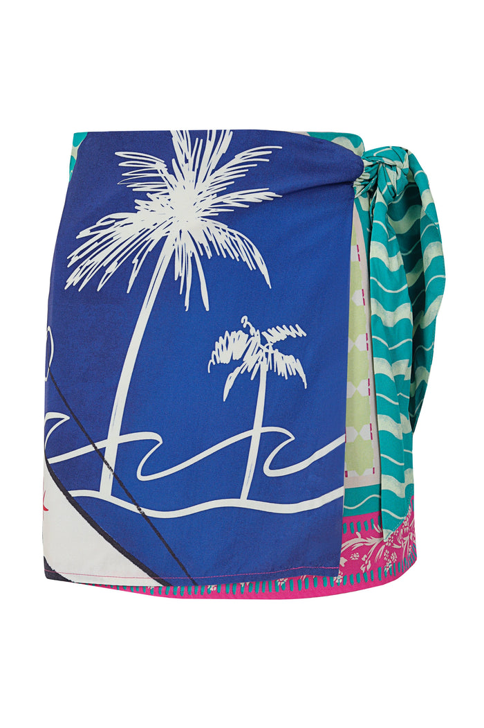 Ziara wrap pareo in navy blue with white palm tree print and turquoise reversible tie closure