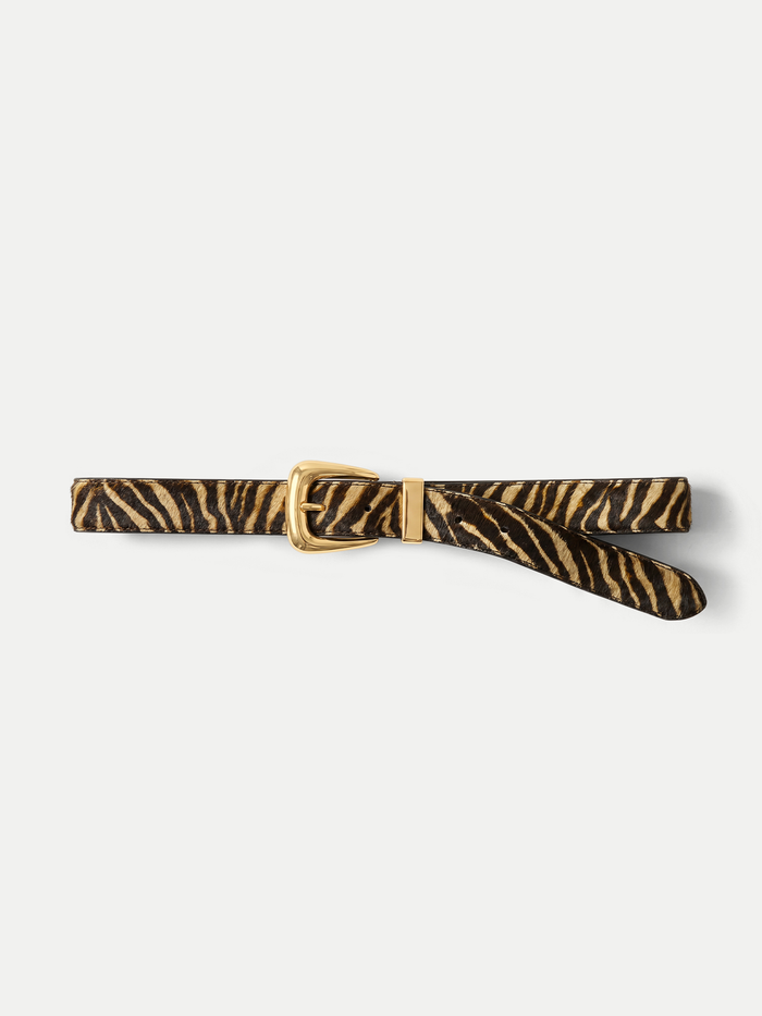 Veronica Beard Zebra-print calf hair belt with a gold buckle.