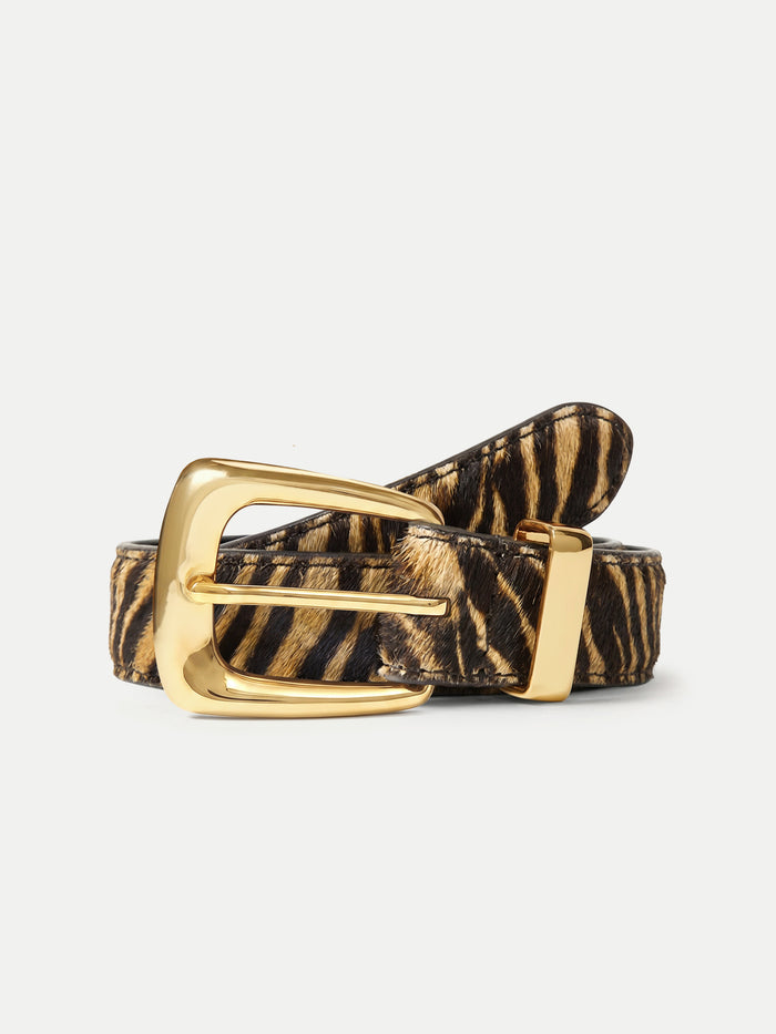 Veronica Beard Brown and black tiger print calf hair belt with gold buckle.