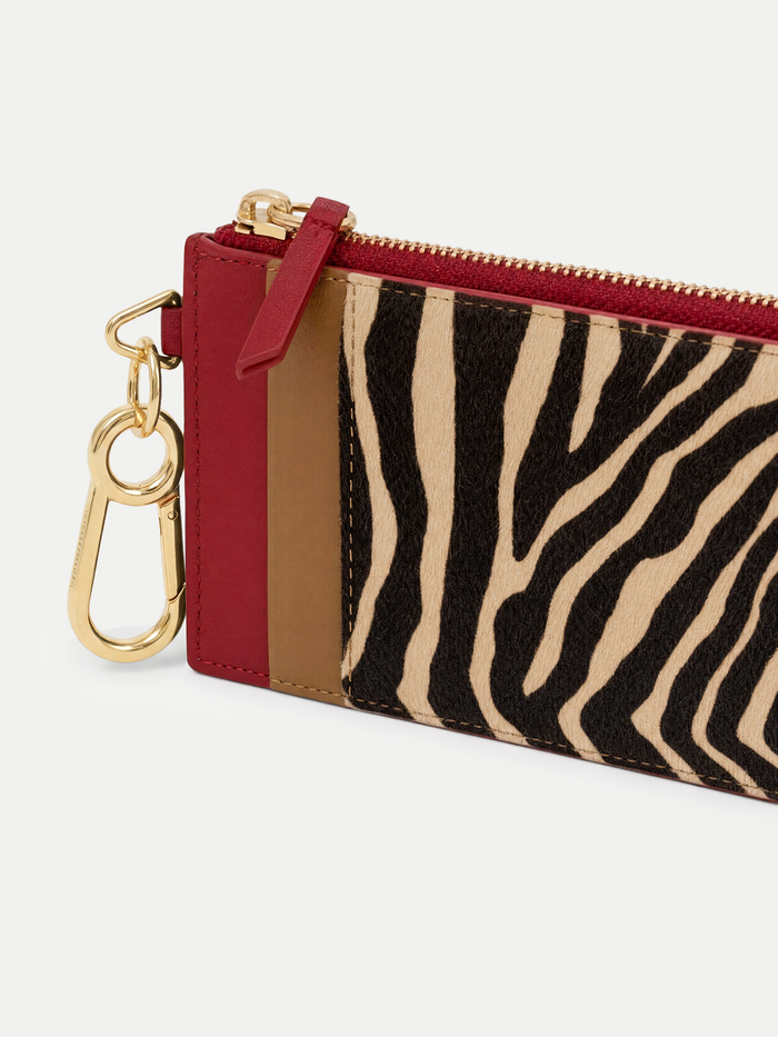 Veronica Beard Zebra print and red leather cardholder with gold carabiner.