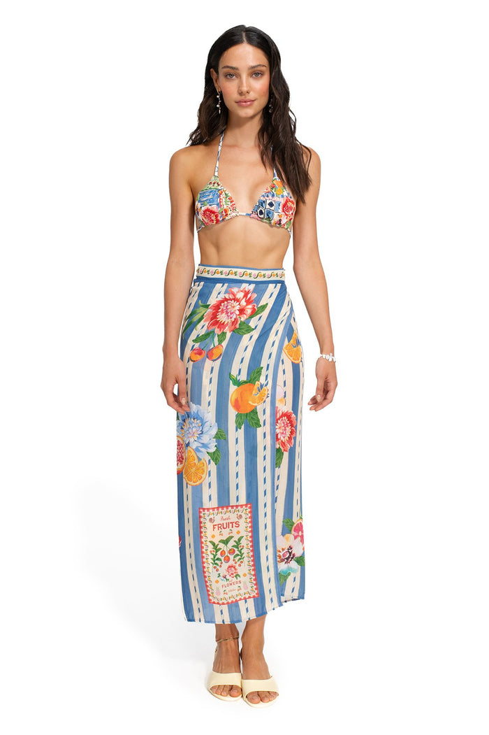 Zinna pareo cover-up in white with blue vertical stripes, citrus fruit and pattern detail placement print