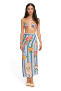 Zinna pareo cover-up in white with blue vertical stripes, citrus fruit and pattern detail placement print