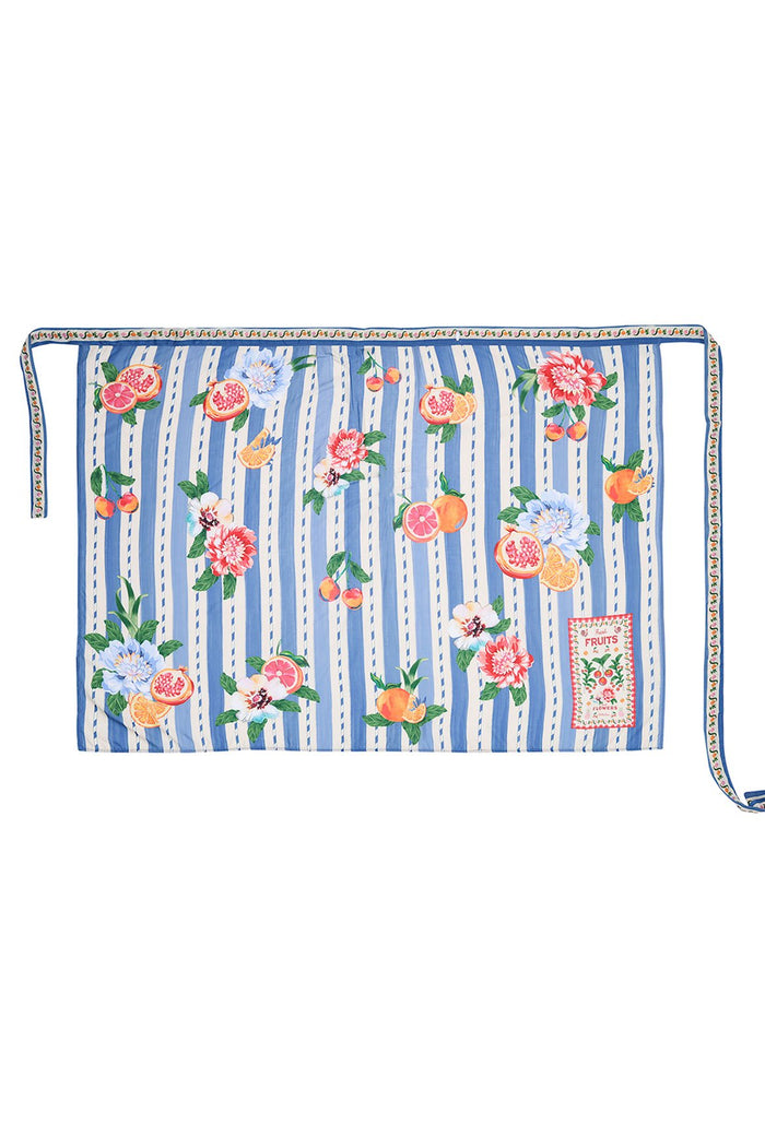 Zinna Pareo with blue and white vertical stripes, citrus slices, and pattern detail print in coral, pink, and peach tones