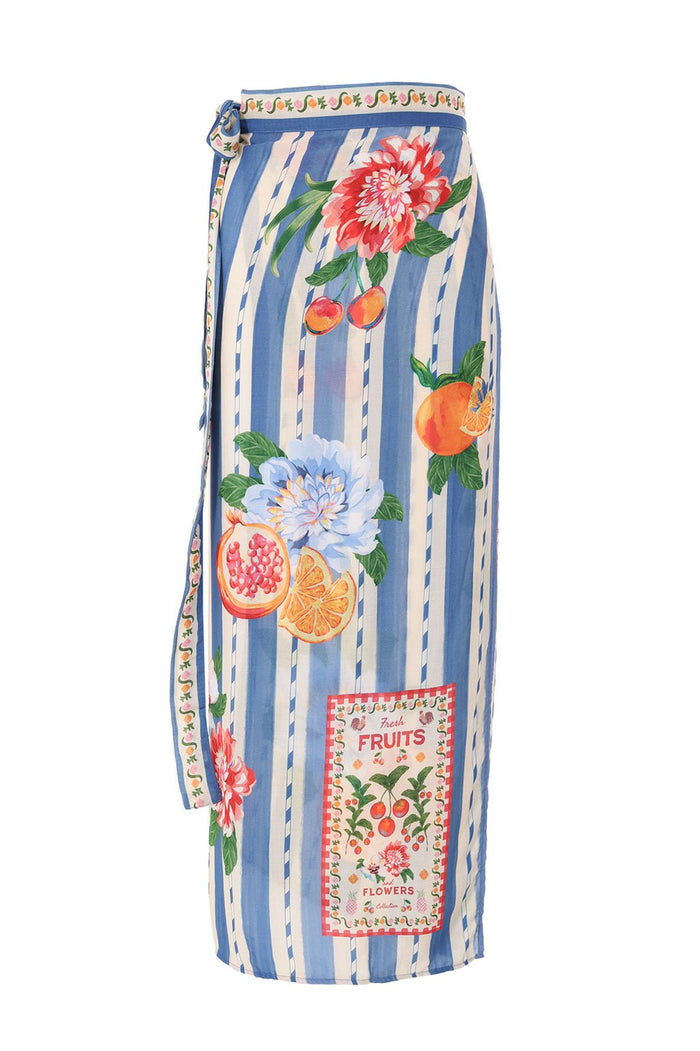 Wrap-around pareo in blue and white stripes with placement print of peonies, citrus fruits, and pomegranate