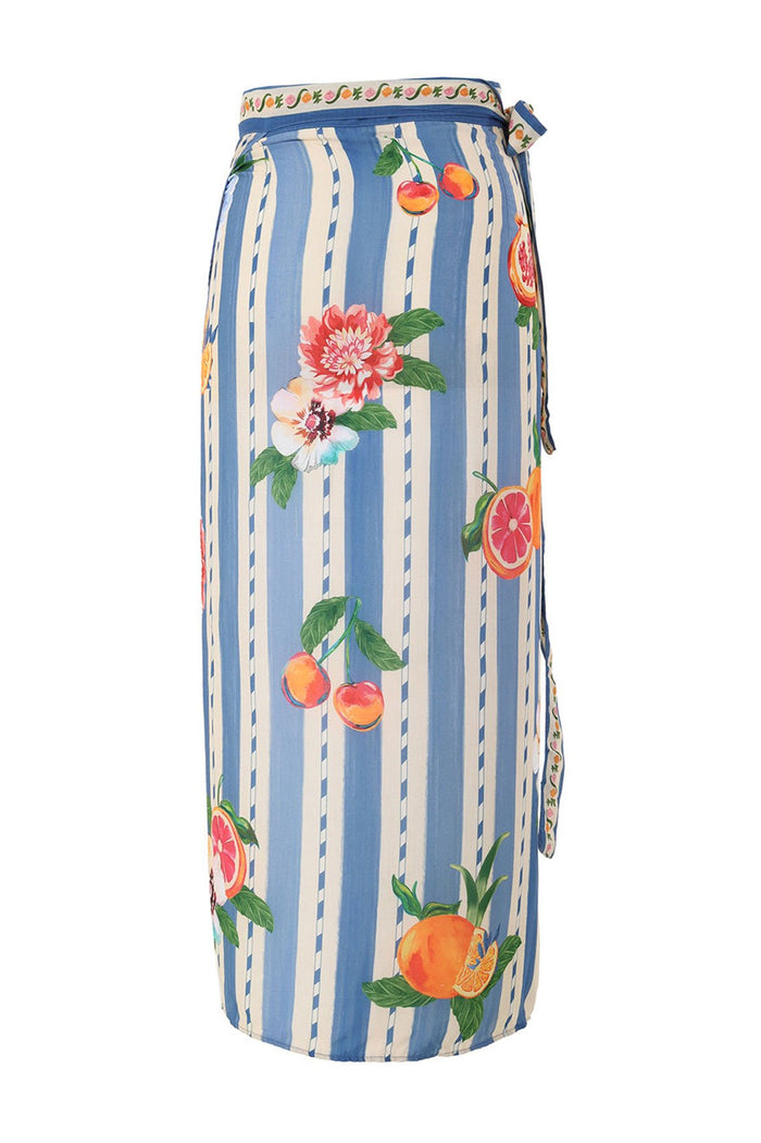 Zinna pareo wrap in blue and cream vertical stripes with citrus fruit and pattern detail print