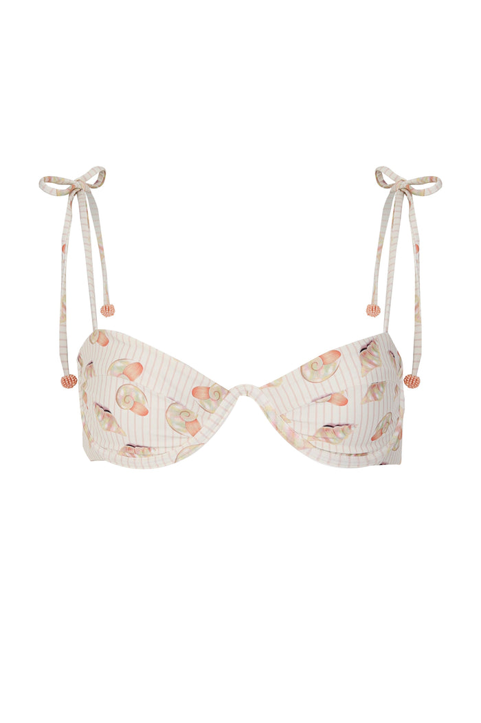 Underwire bikini top with adjustable tie straps, beaded ends, and coral shell print on cream striped background