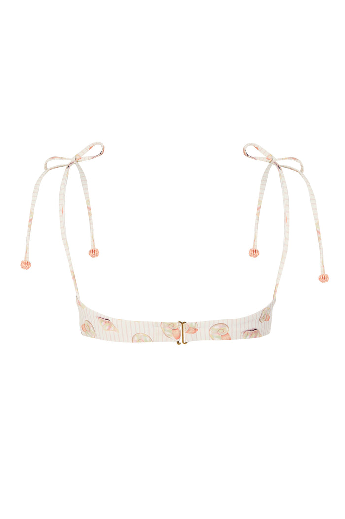 Zuck bikini top in cream with pink striped pattern and decorative paisley print, featuring adjustable shoulder ties with beaded ends and gold center…