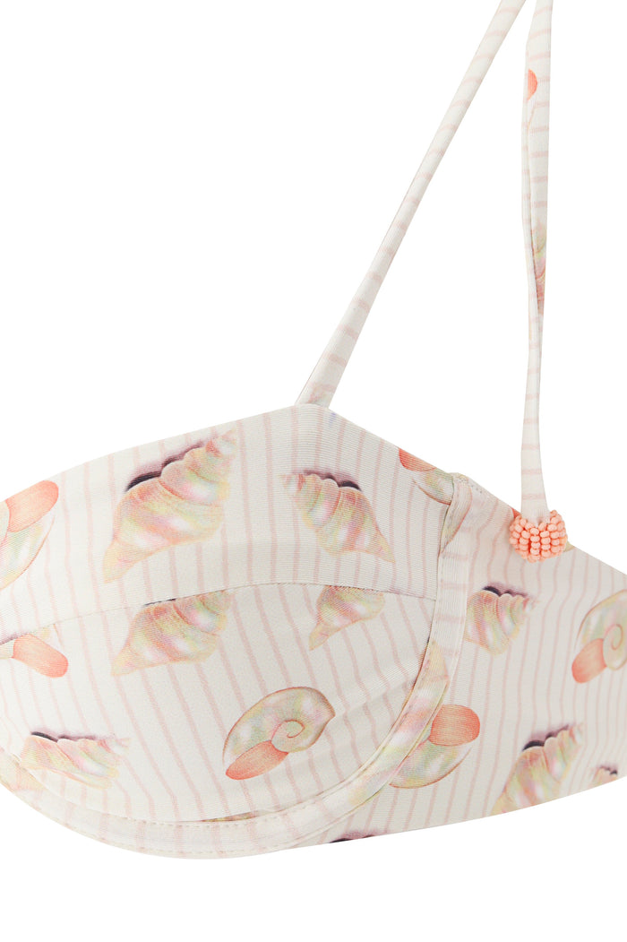 Underwire bikini top in cream with vertical stripes and seashell print with beaded strap detail